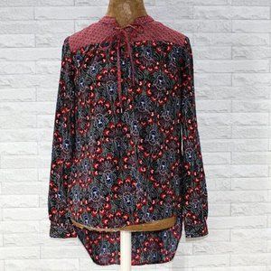 CATO Blouse Lace Up Red Floral Patchwork Long Sleeve Tunic Small